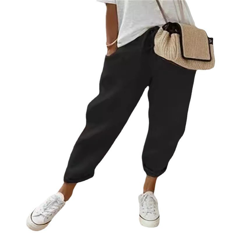 Damen nan legerer Leinen-Jogger mit Kordelzug, Eingrifftaschen und umgeschlagenem Saum Drune