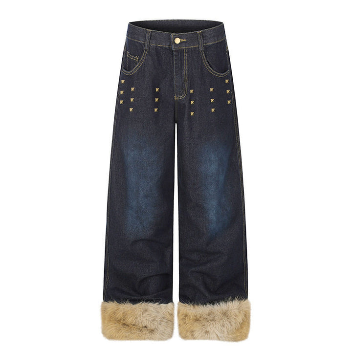 Damen Weite Denim-Palazzo-Jeans mit Fellbündchen und Nieten Drune