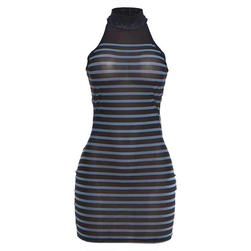 Damen figurbetontes Kleid mit transparenten Streifen und hochgeschlossenem Kragen Drune