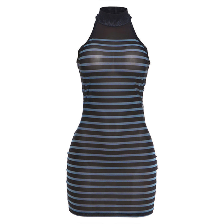 Damen figurbetontes Kleid mit transparenten Streifen und hochgeschlossenem Kragen Drune