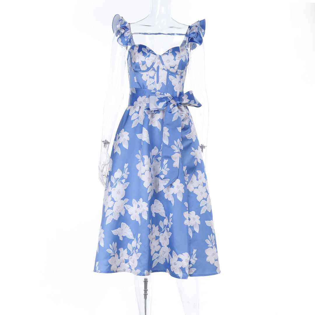 Damen Blumenkleid mit Taillengürtel und Rüschendetails Drune