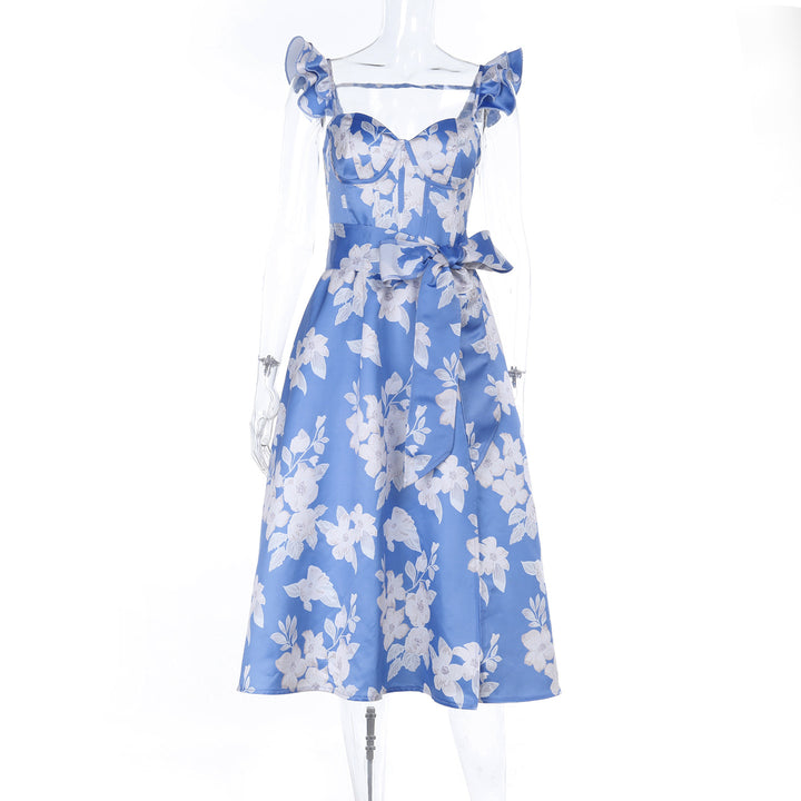 Damen Blumenkleid mit Taillengürtel und Rüschendetails Drune