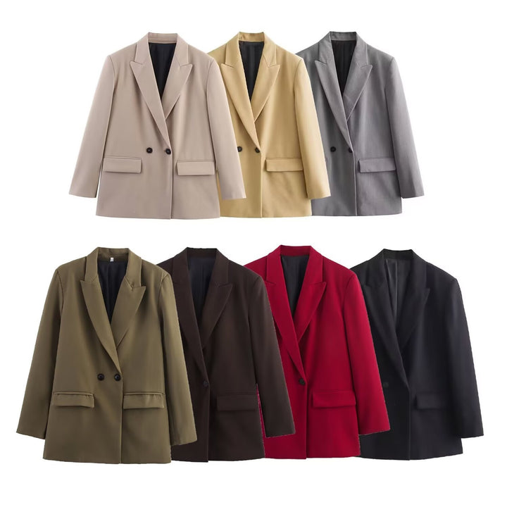Damen Doppelreiher-Blazer mit Reverskragen, längerem Oversize-Schnitt und Pattentaschen Drune