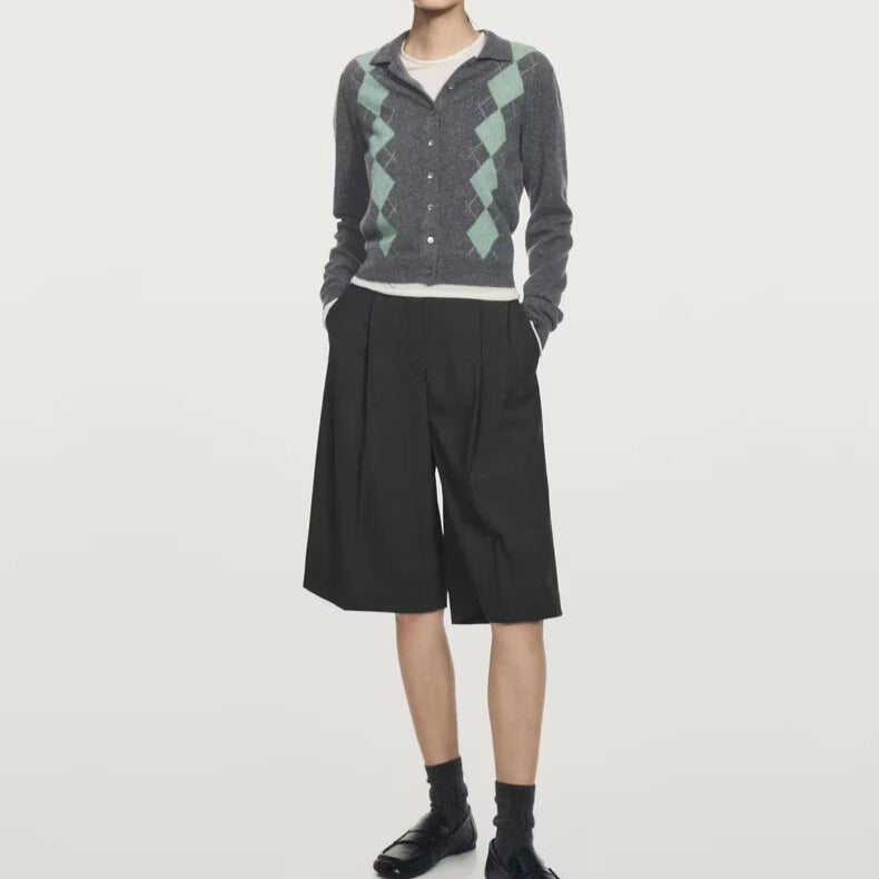 Damen Feinstrick-Cardigan mit Argyle‑Muster, Polokragen und tailliertem Cropped‑Schnitt Drune