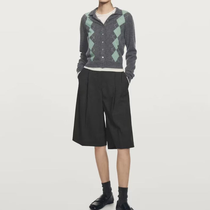 Damen Feinstrick-Cardigan mit Argyle‑Muster, Polokragen und tailliertem Cropped‑Schnitt Drune