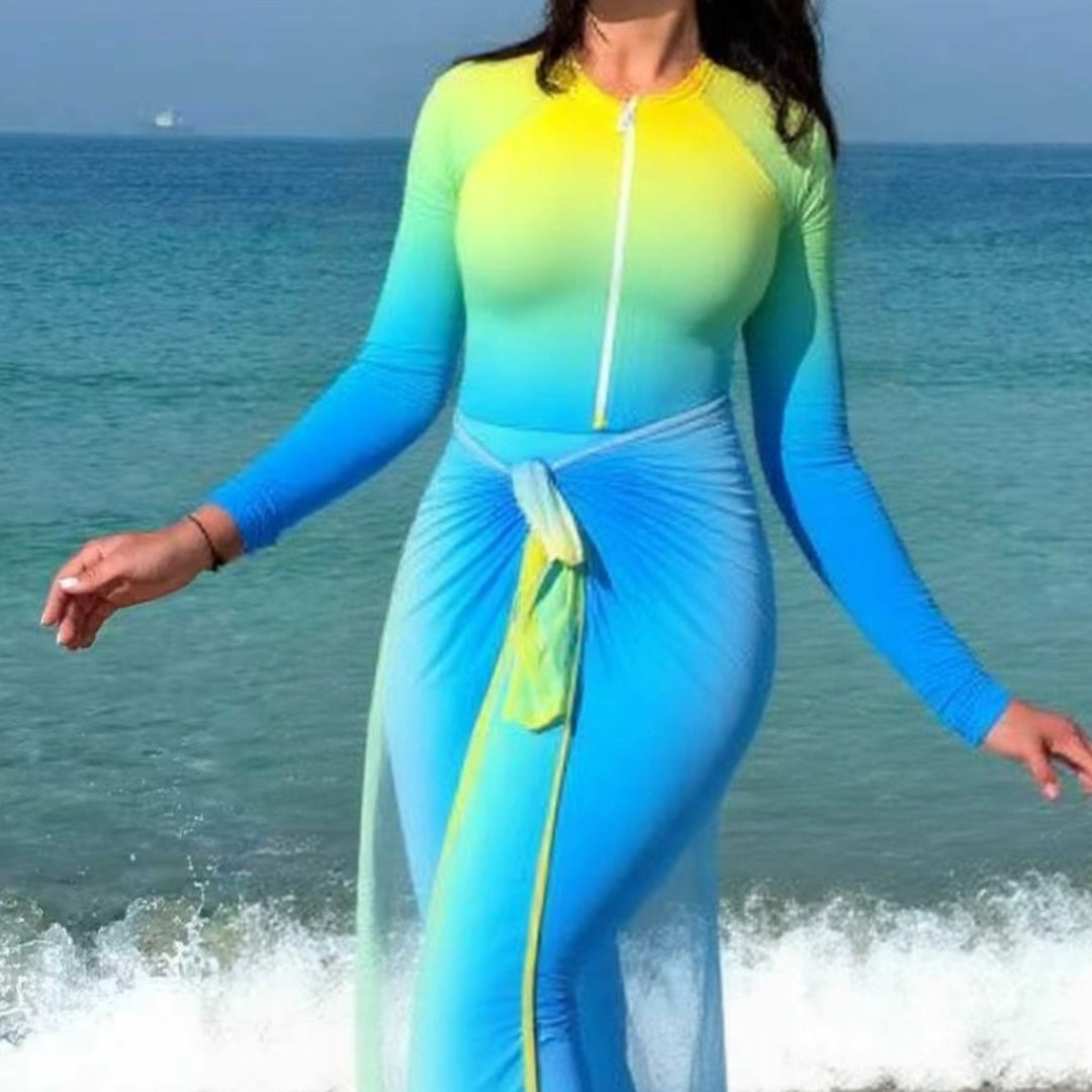 Damen sportlicher Langarm-Schwimmanzug mit Reißverschluss und Wickeloptik Drune
