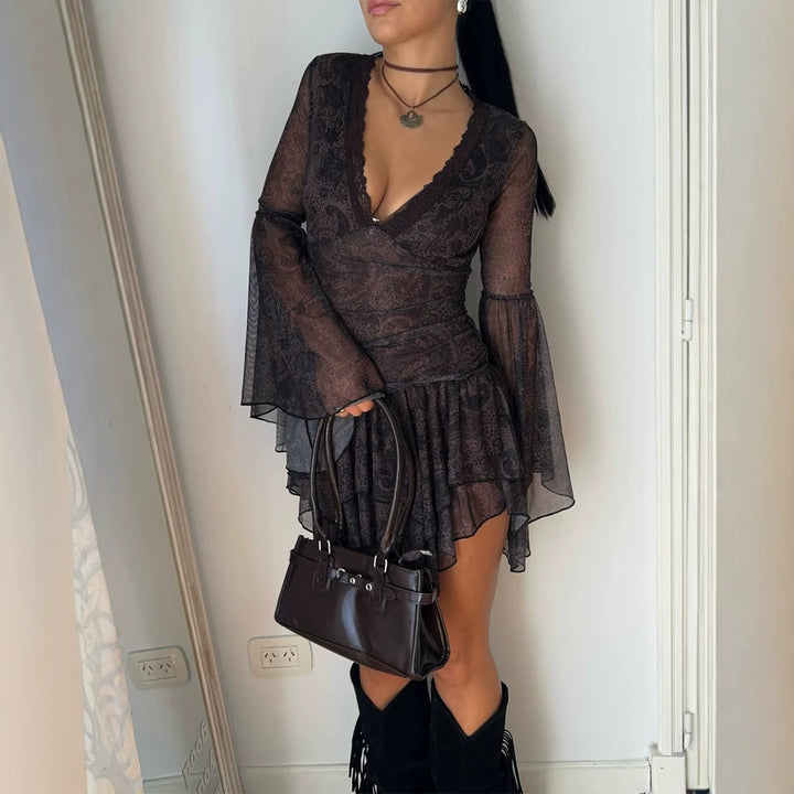 Damen Transparentes Spitzen-Minikleid mit tiefem V‑Ausschnitt, Rüschenrock & Glockenärmeln Drune