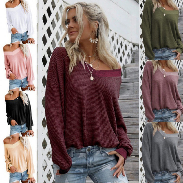 Damen Off‑Shoulder Waffelstrickpullover mit weitem Arm und elastischen Bündchen Drune