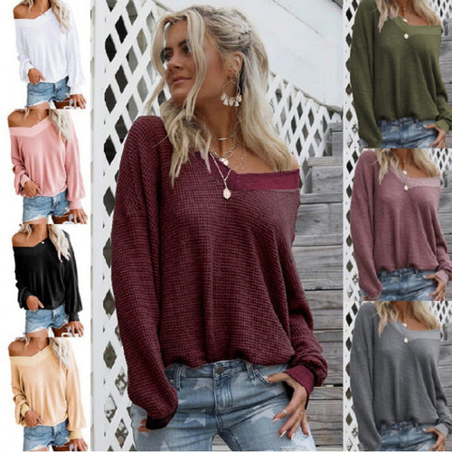 Damen Off‑Shoulder Waffelstrickpullover mit weitem Arm und elastischen Bündchen Drune