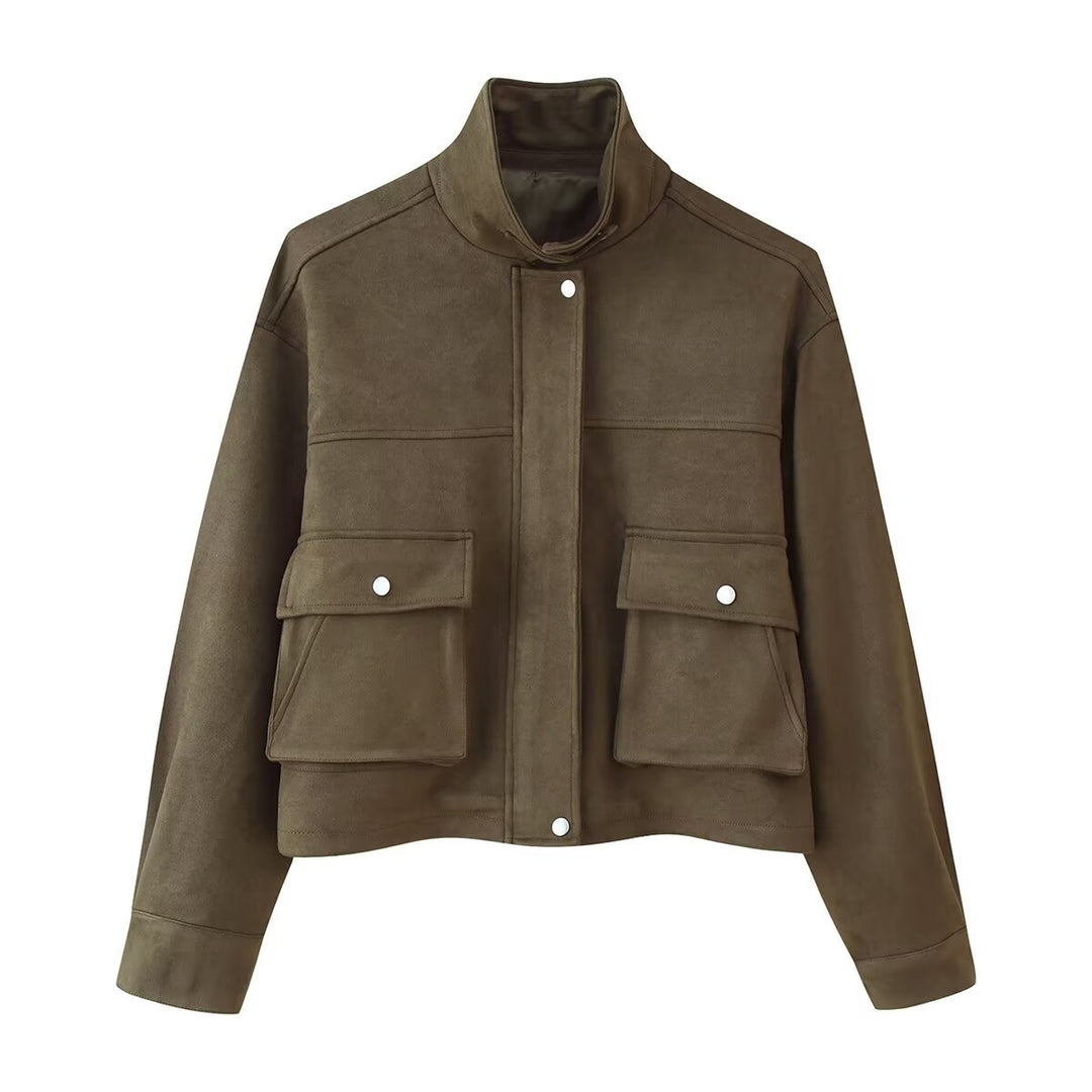 Damen modische Utility-Jacke mit doppelten Brusttaschen und hochschließendem Kragen Drune