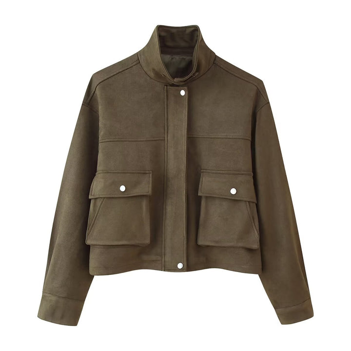 Damen modische Utility-Jacke mit doppelten Brusttaschen und hochschließendem Kragen Drune