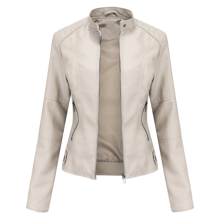 Damen nan taillierte Kunstleder Bikerjacke mit Stehkragen Drune