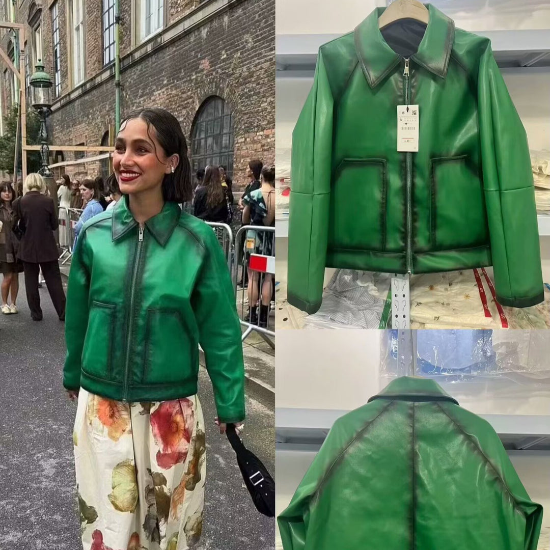 Damen Boxy-Kunstlederjacke mit großem Hemdkragen und durchgehendem Reißverschluss Drune