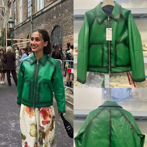 Damen Boxy-Kunstlederjacke mit großem Hemdkragen und durchgehendem Reißverschluss Drune