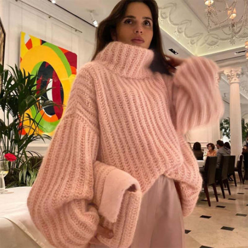 Damen Oversize-Pullover mit hohem Kragen und strukturiertem Zopfstrick Drune