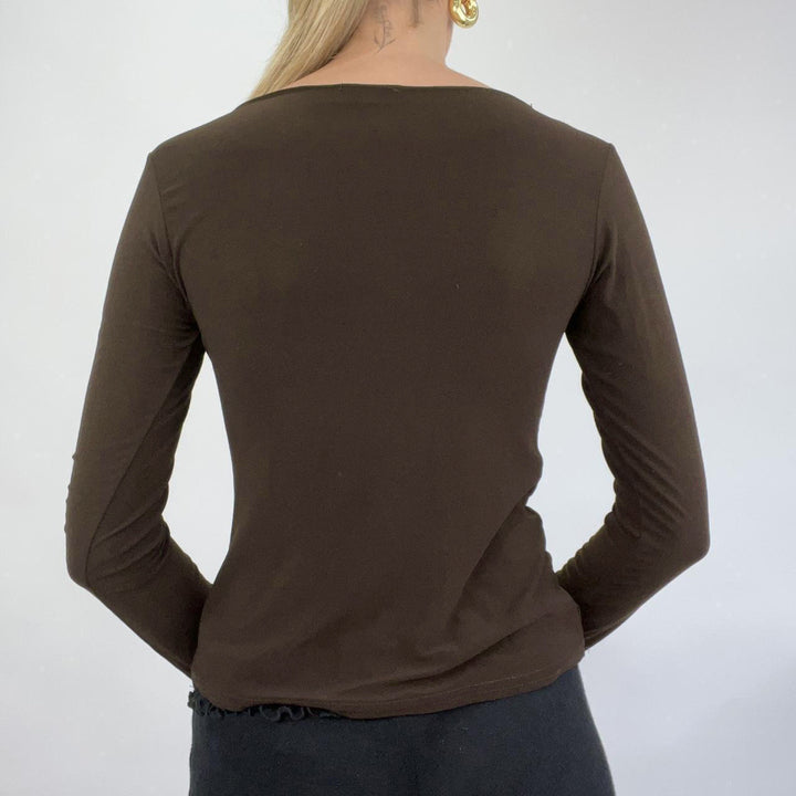 Damen Figurbetontes V‑Neck Langarm-Top mit dekorativer Häkelapplikation und Wasserfallzipfel Drune