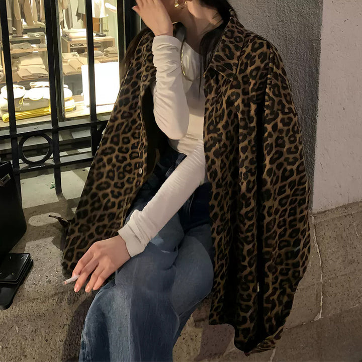 Damen Oversized Hemdjacke im modischen Leopardenmuster Drune
