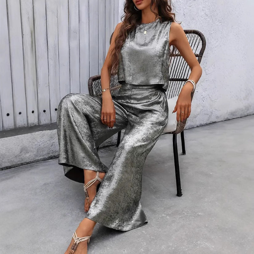 Damen Glänzendes Set aus ärmellosem Oberteil und weitem Hosen Drune