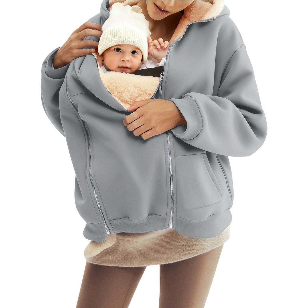 Damen nan Babytrage-Hoodie mit Teddyfutter und Zweiwege-Reißverschluss Drune