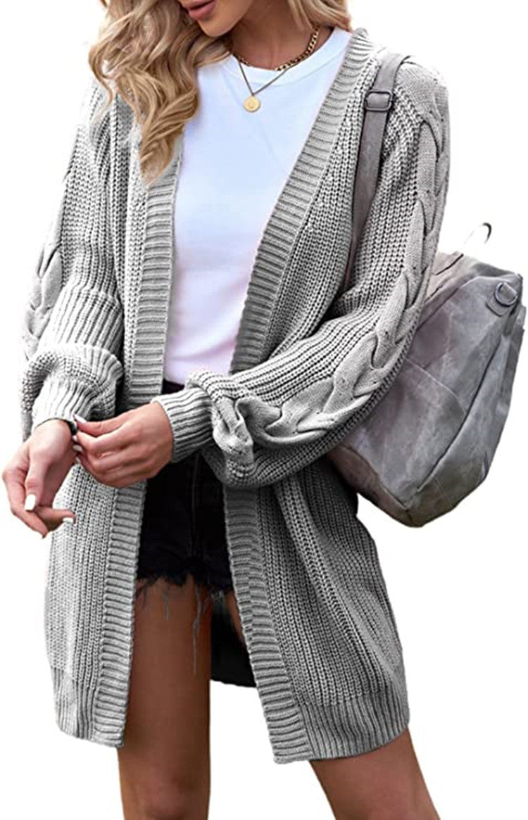 Damen Strickcardigan mit voluminösen Ärmeln und Zopfdetails Drune