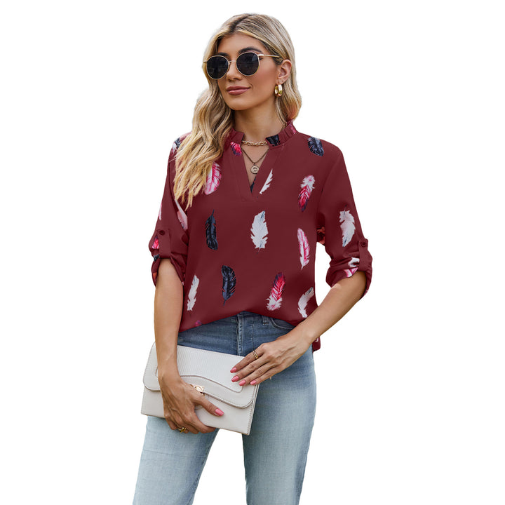 Damen Bluse mit eleganten Federmuster und halben Ärmeln Drune