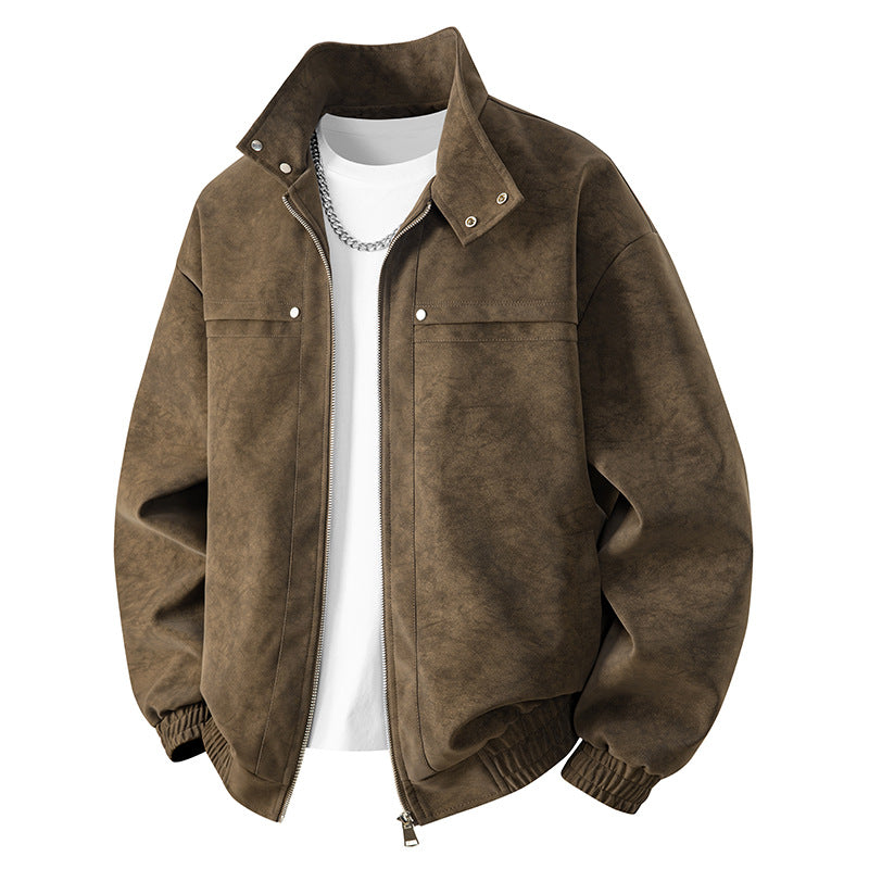 Herren Velours-Imitat Übergangsjacke im Bomberstil mit Stehkragen, Druckknopfleiste & elastischen Bündchen Drune