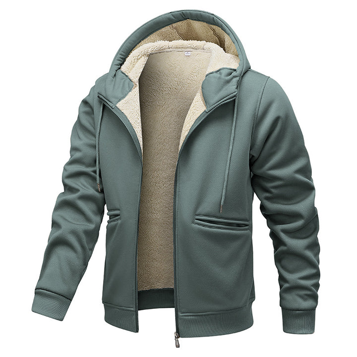 Herren gefütterte Kapuzenjacke im Blousonstil mit hochflorigem Teddyinnenfutter und Handwärmepaspeltaschen Drune