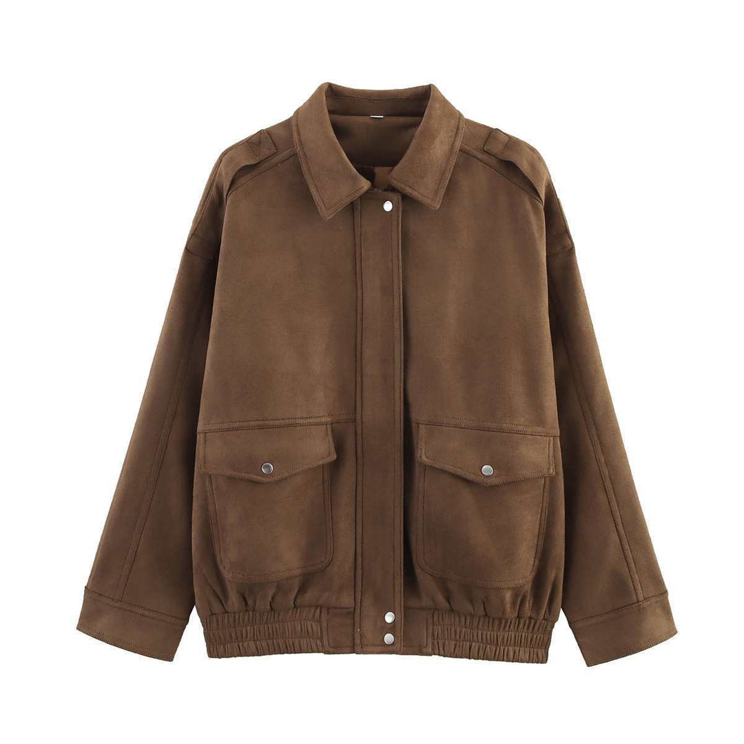 Damen lässige Kunstlederjacke im oversize Schnitt mit praktischen Taschen Drune