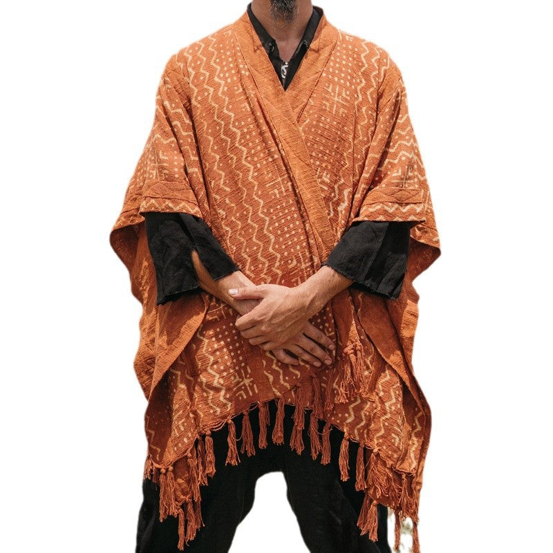 Herren gewDruneter Boho-Poncho mit Fransen und V-Ausschnitt Drune