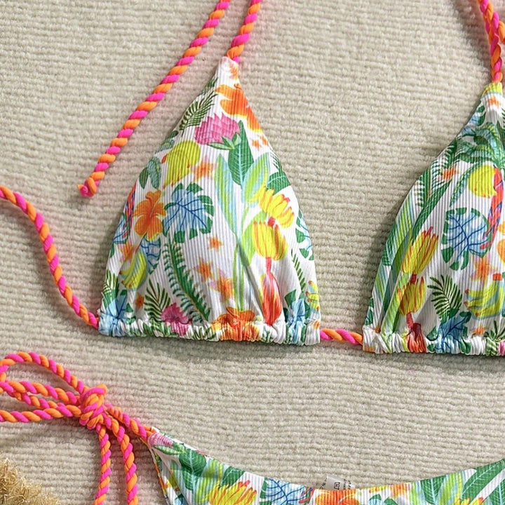 Damen Triangel-Bikini mit buntem Blumenmuster und trendigen Bindebändern Drune