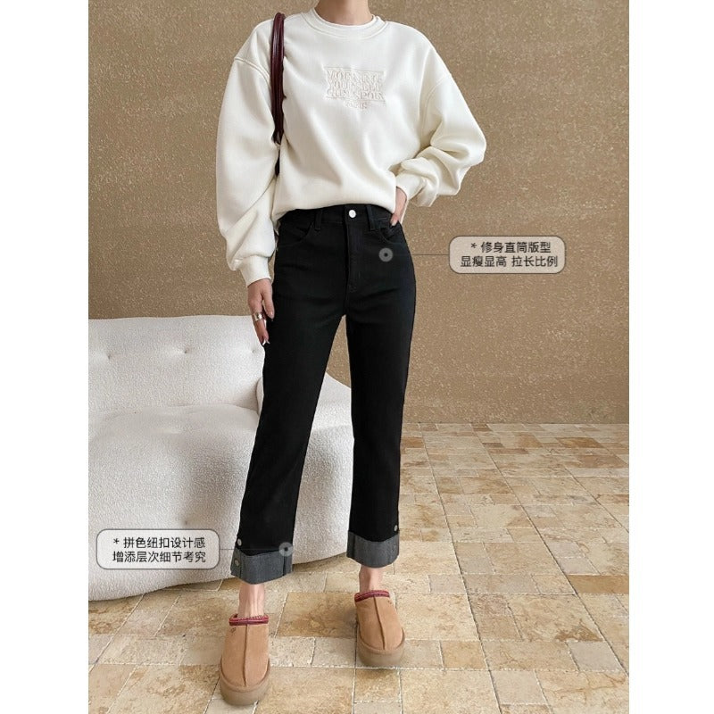 Damen Hoch taillierte Jeans mit umgeschlagenen Saum Drune