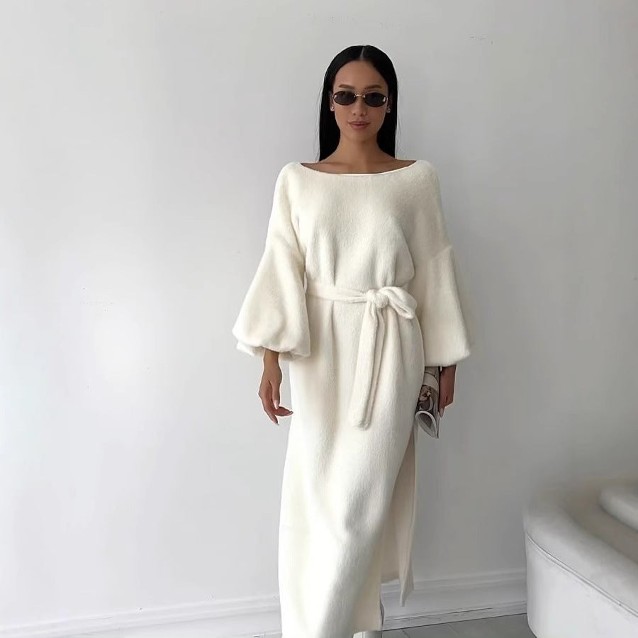Damen Kuschel-Midikleid mit Bindegürtel und Ballonärmeln Drune