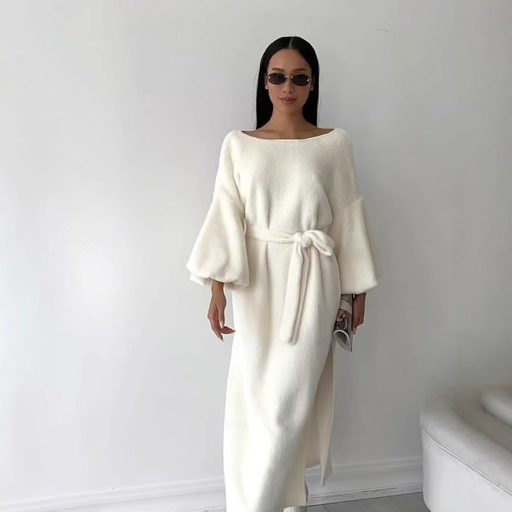 Damen Kuschel-Midikleid mit Bindegürtel und Ballonärmeln Drune