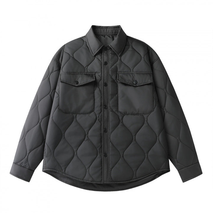 Unisex Gepolsterte gesteppte Hemdjacke mit Pattentaschen und abgerundetem Saum Drune