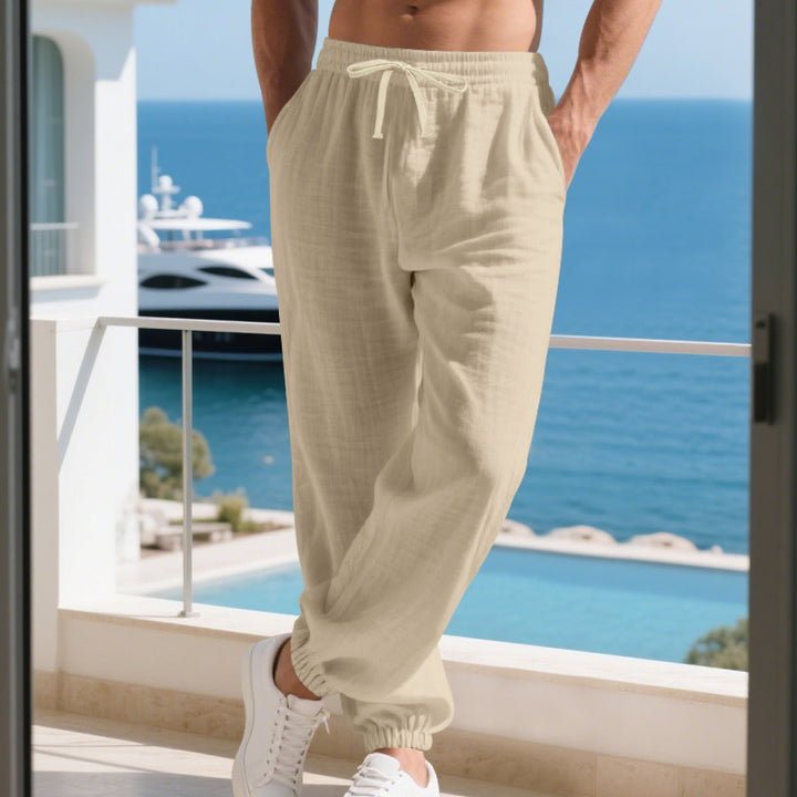 Herren nan leichte Leinen-Baumwoll Loungehose mit elastischem Tunnelzug, seitlichen Eingrifftaschen und elastischen Beinabschlüssen Drune