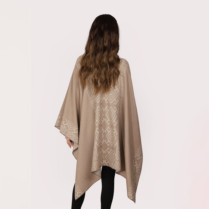Damen Capeponcho mit Knotenverschluss, doppellagigem Jacquard und weichem Wollmix Drune