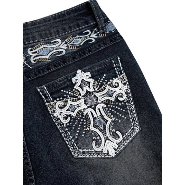 Damen Bootcut Jeans mit aufwendigen Stickereien und hohem Bund Drune