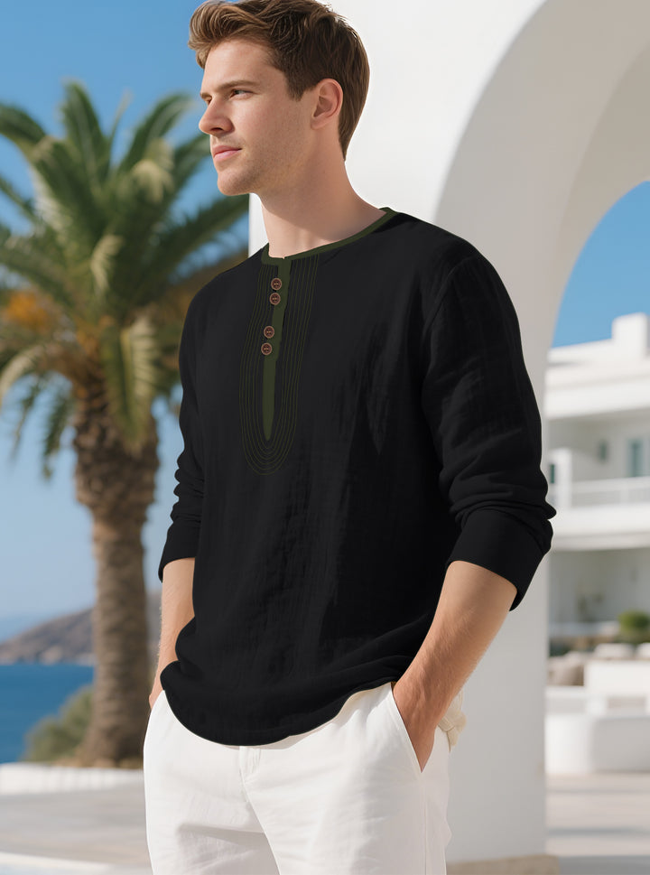 Herren nan lässiges Leinenmix-Langarmshirt mit dekorativer Knopfleiste und Ziersteppung Drune