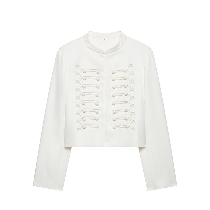 Damen Korddetail-Bolerojacke mit Stehkragen und Paraderiegel-Optik Drune