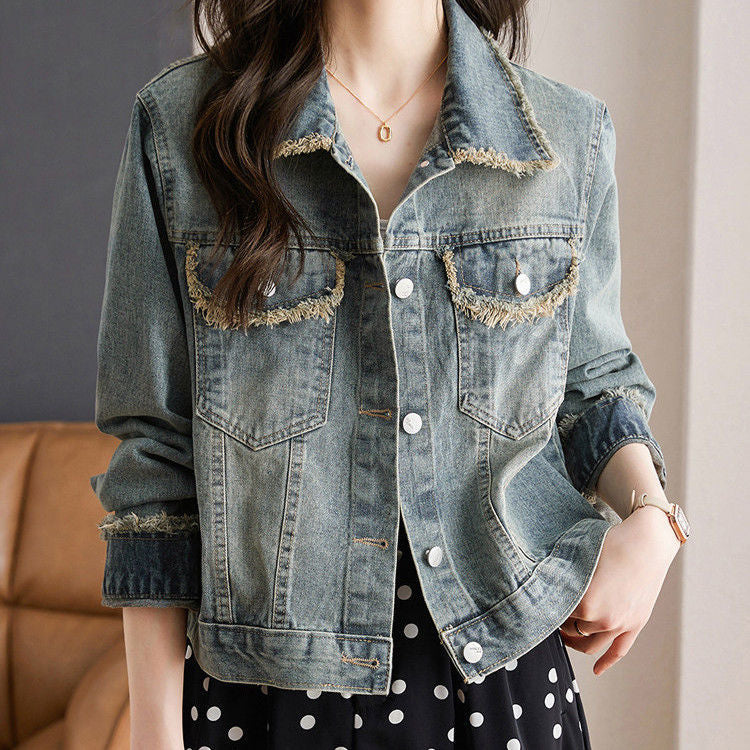 Damen lässige Denimjacke mit modischen Fransen und dekorativen Knopfdetails Drune