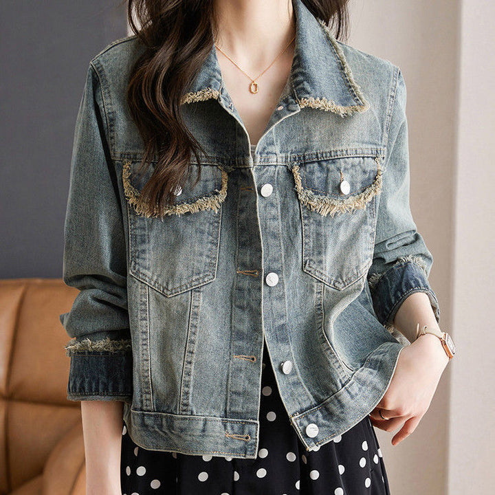 Damen lässige Denimjacke mit modischen Fransen und dekorativen Knopfdetails Drune