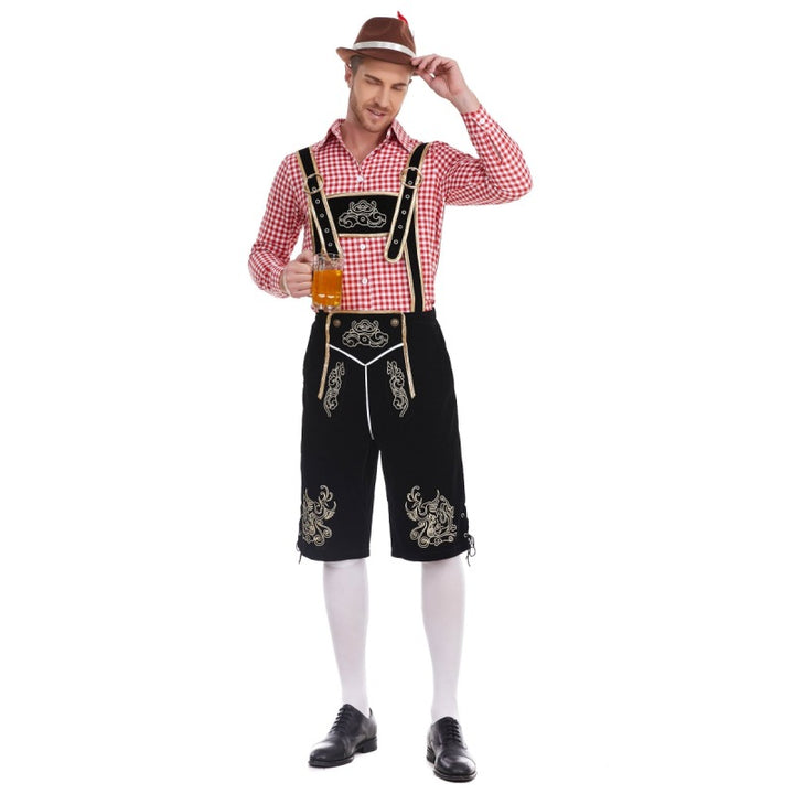 Herren nan Filzoptik-Lederhose knielang mit barocker Stickerei, verstellbaren Trägern und Dekornieten Drune