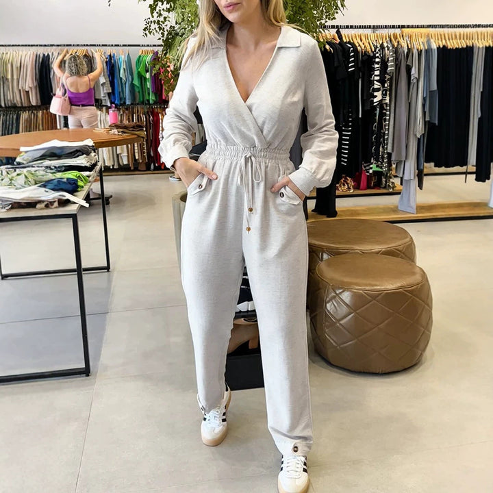 Damen Stilvoller Jumpsuit mit Wickeldesign und Taillengürtel Drune