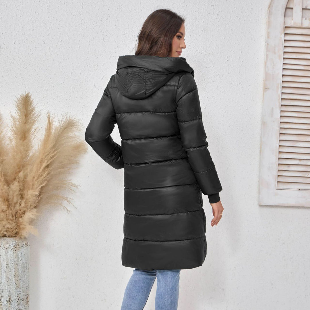 Damen Langer Puffer‑Mantel mit hohem Stehkragen, wattierter Steppung und elastischen Bündchen Drune
