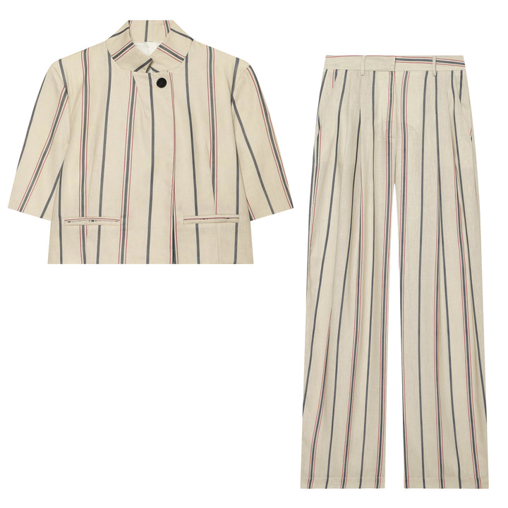 Damen Weite Leinenhose mit Bundfalten, hohem Bund und Längsstreifen Drune