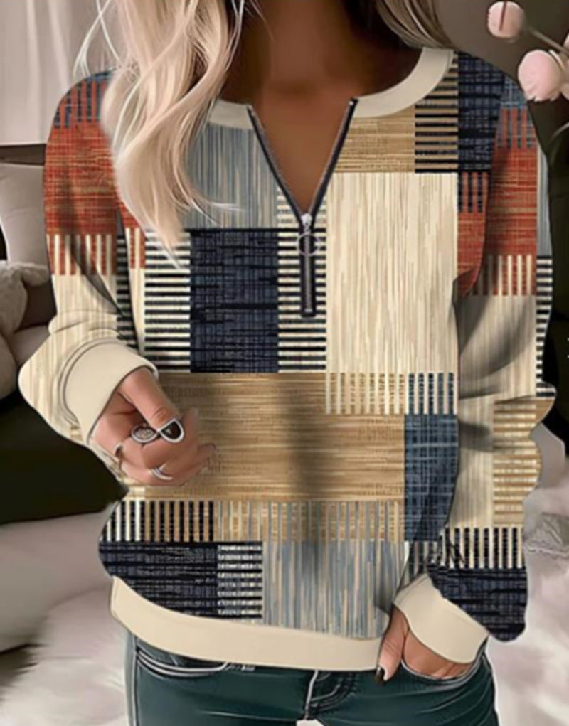 Damen nan gemütlicher Pullover mit kurzem Reißverschluss, grafischem Patchworkmuster, verlängerten Ärmelbündchen und geripptem Saum Drune