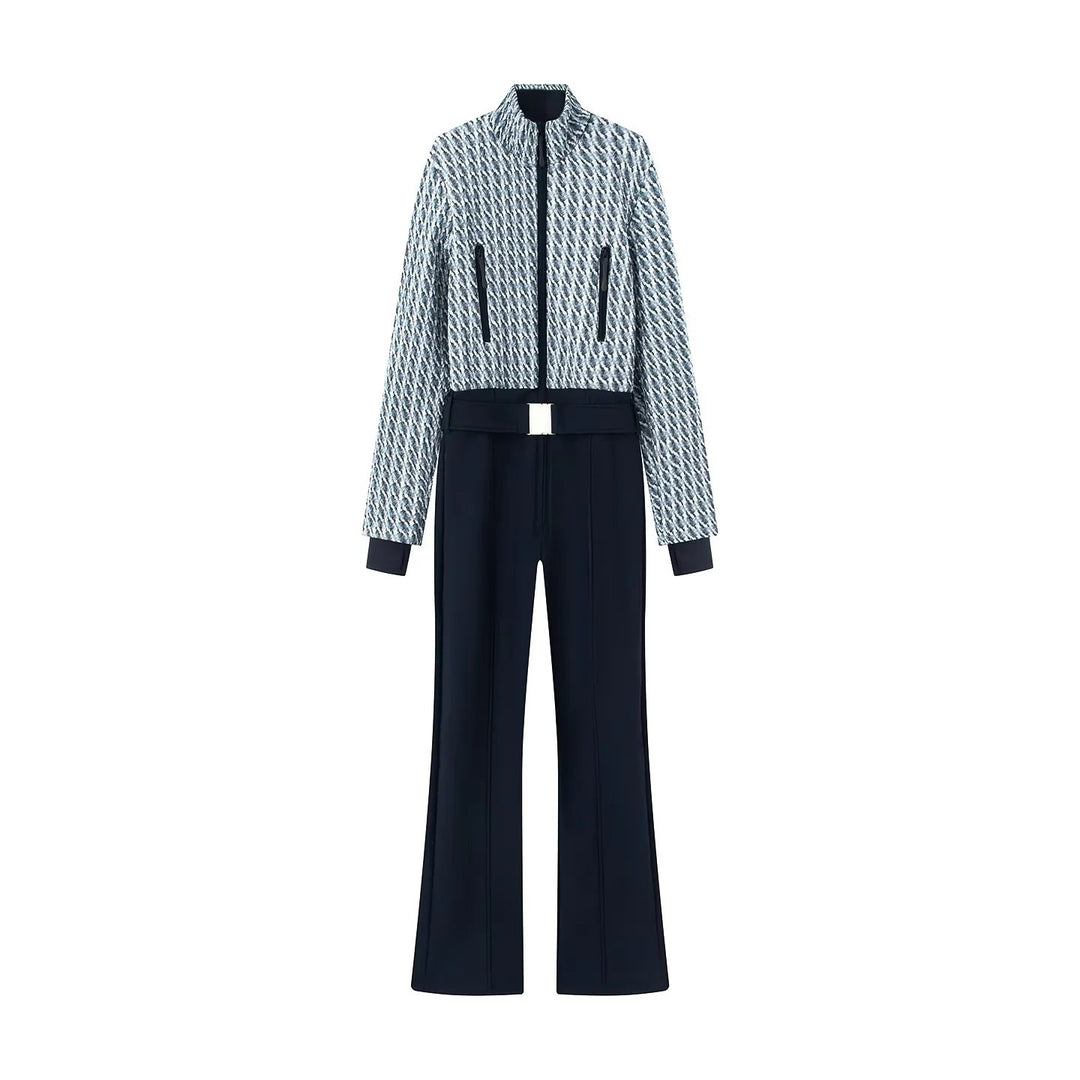 Damen nan elegante Jumpsuit-Kombination mit gesteppter Kurzbomber und weitem Bundfaltenhose Drune