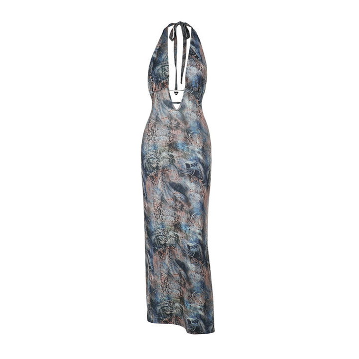 Damen elegantes Maxikleid mit tiefem V-Ausschnitt und verspieltem Halterdesign Drune