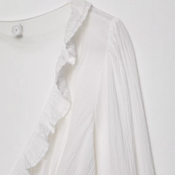 Damen Romantische Spitzenbluse mit tiefem V‑Ausschnitt, Rüschen und Bindebändern Drune