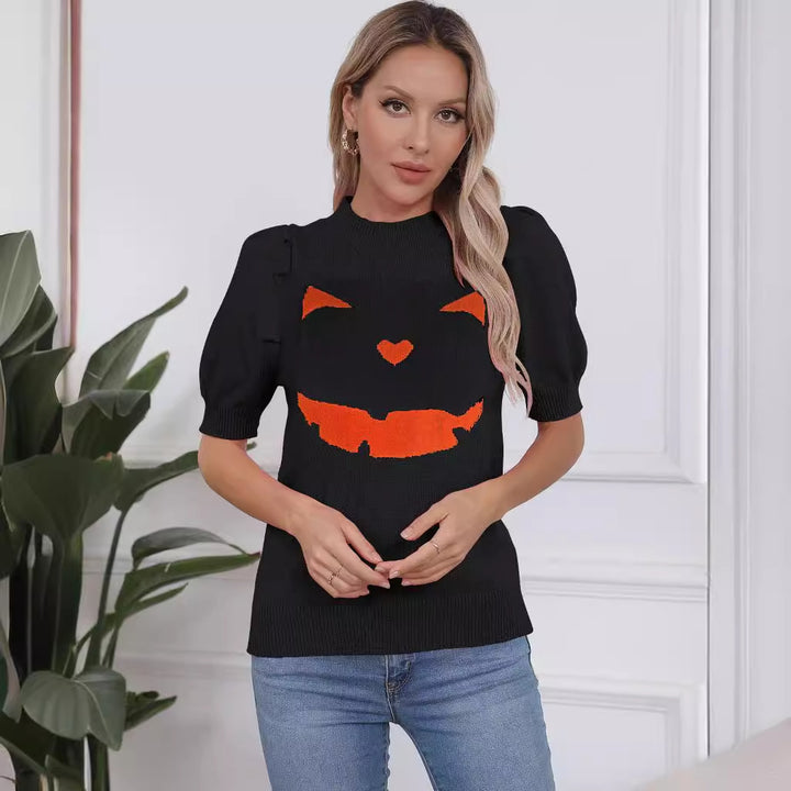 Damen Kurzarm-Pullover mit lässigem Kürbis-Motiv Drune